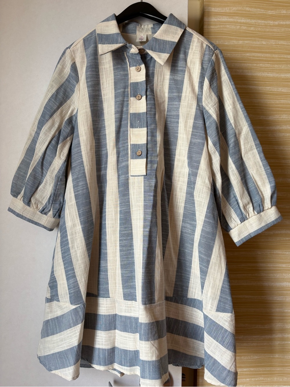 Striped Blue and Cream Button-Front Tunic Blouse
